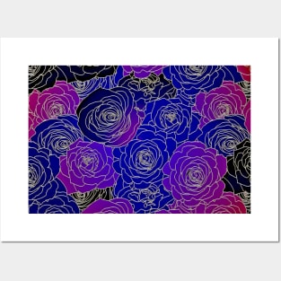 Blue & Purple Rose Floral Pattern Posters and Art